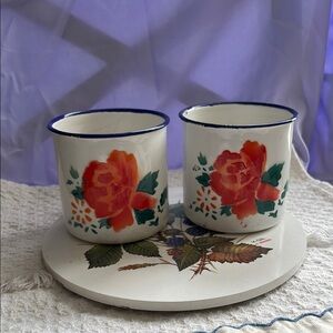 Vintage Enamel Mugs with Blue Rim